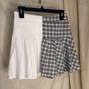 Two-Tone White & Black Plaid Flared Skirt — Asymmetric Panel